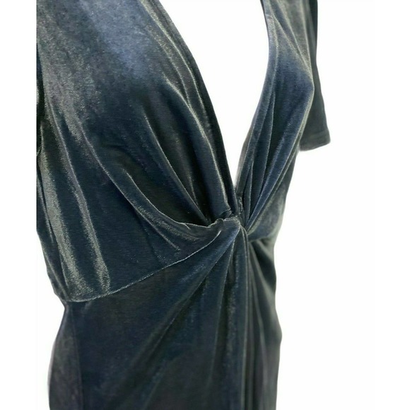 Aqua Blue-Gray Velvet Shimmer Stretch Deep V-Neck Plunge Cocktail Party Dress - Picture 7 of 13